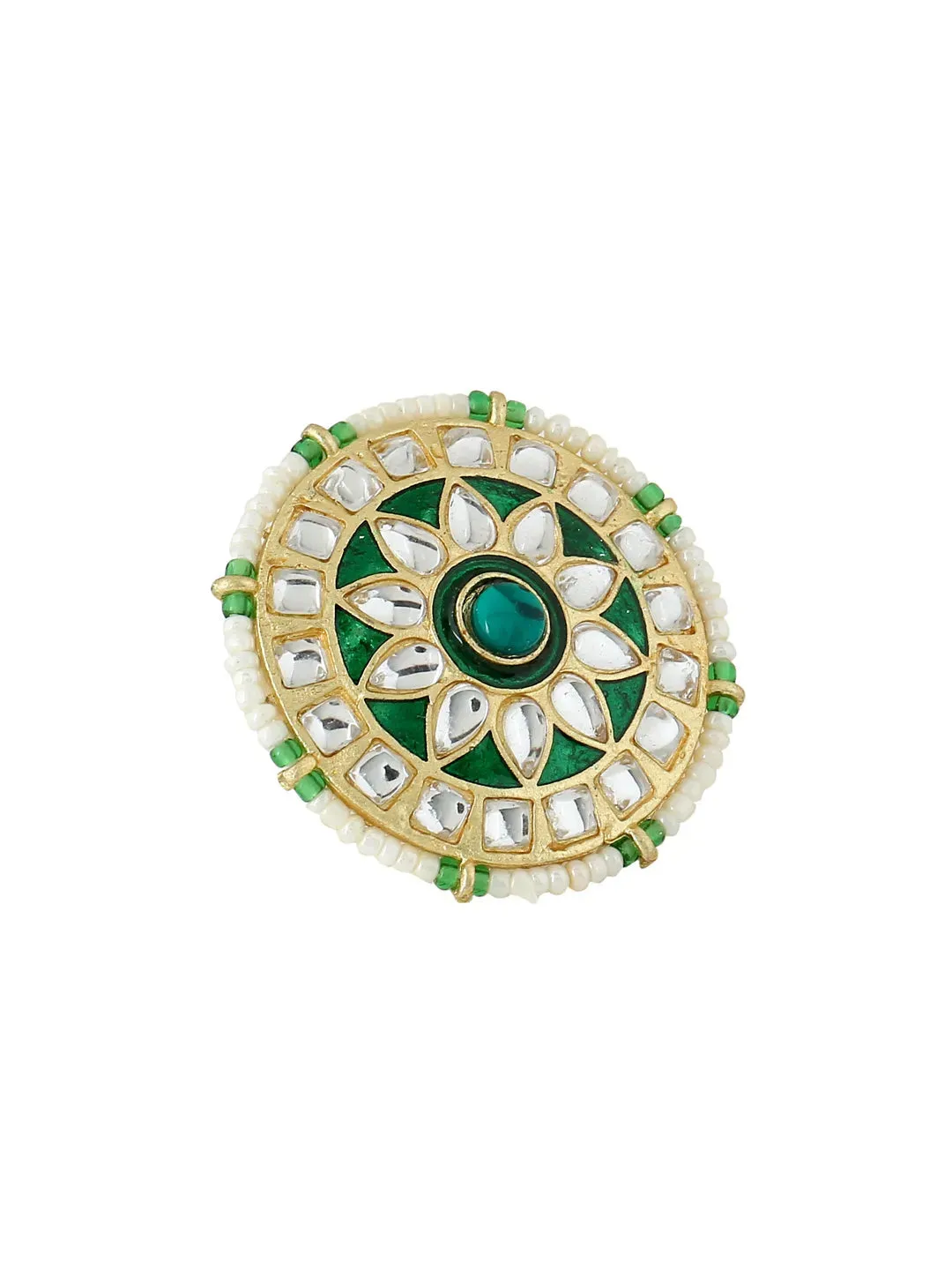 Gold plated green and white Kandan stone studded minakari adjustable finger ring