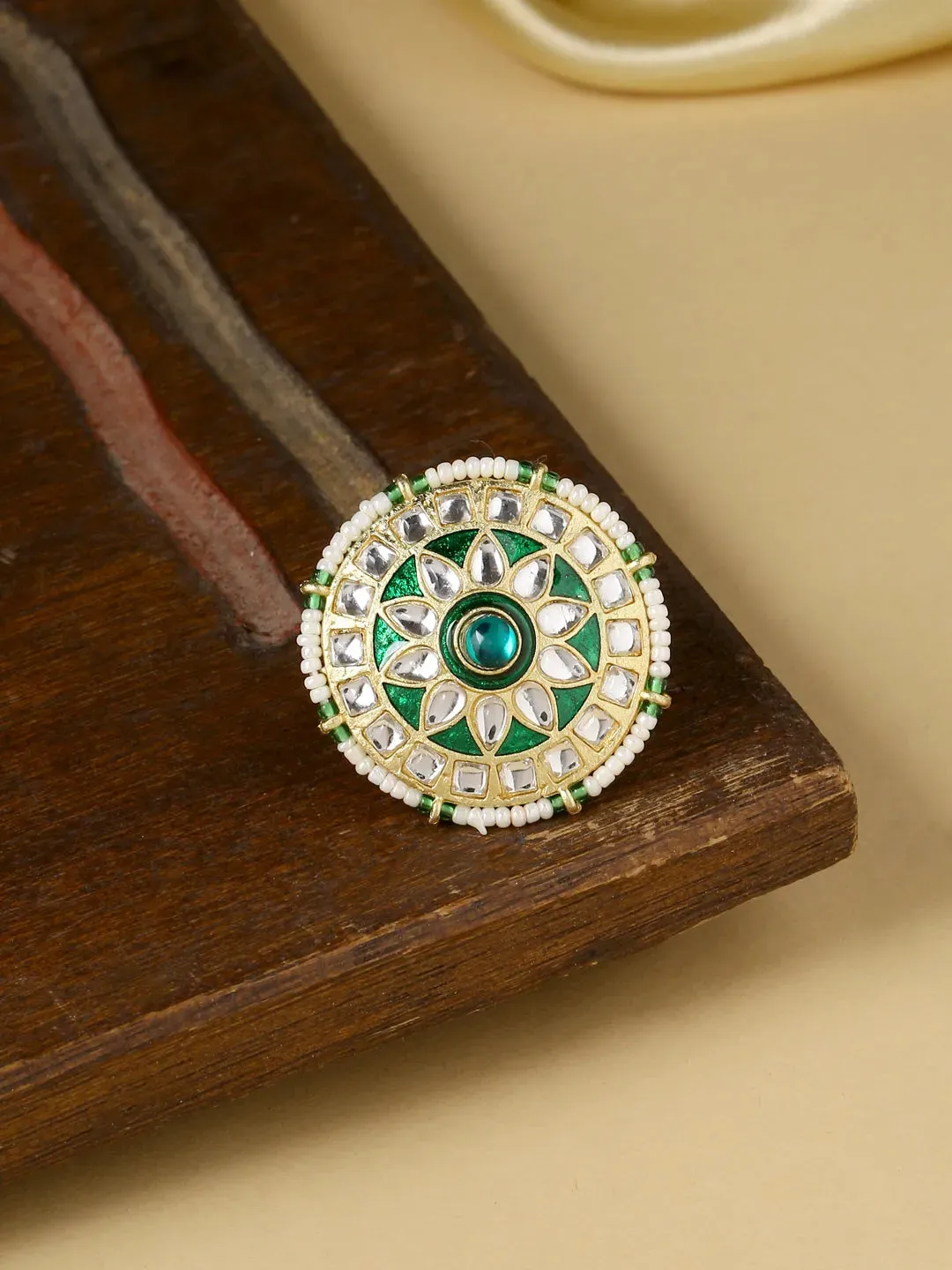 Gold plated green and white Kandan stone studded minakari adjustable finger ring