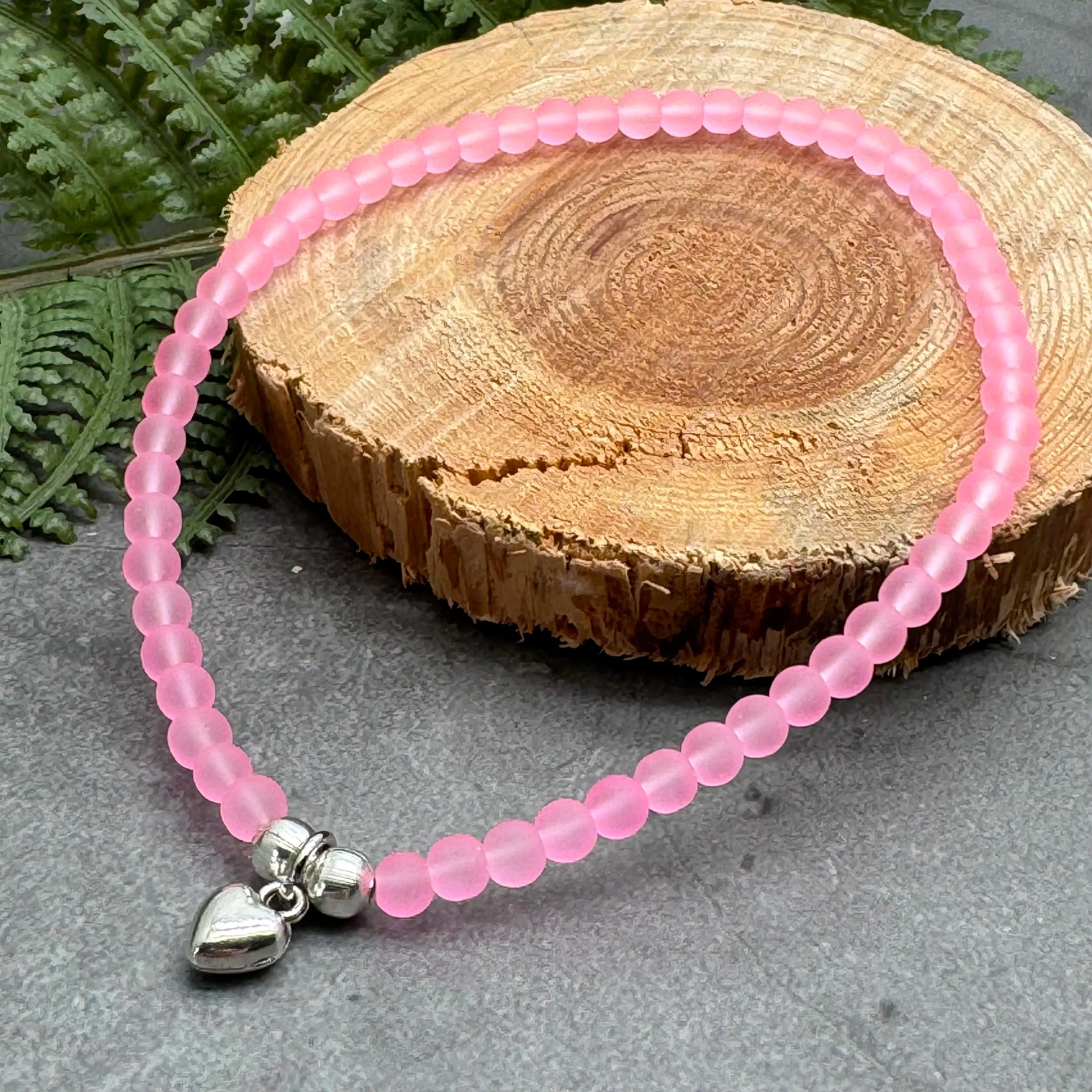 Heart Charm Frosted Bead Anklet - Colour Choice