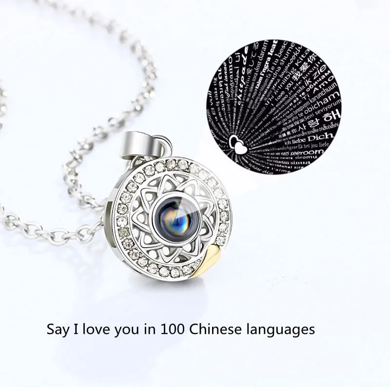 Hollow Design Sun Moon Magnet Puzzle matching necklaces 100 Language I Love You Couple Necklaces