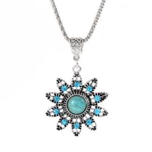 Hot necklace Christmas Antique Hollow Tibetan Silver Crystal flower Turquoise Pendant Chain Necklace Clothes for Women