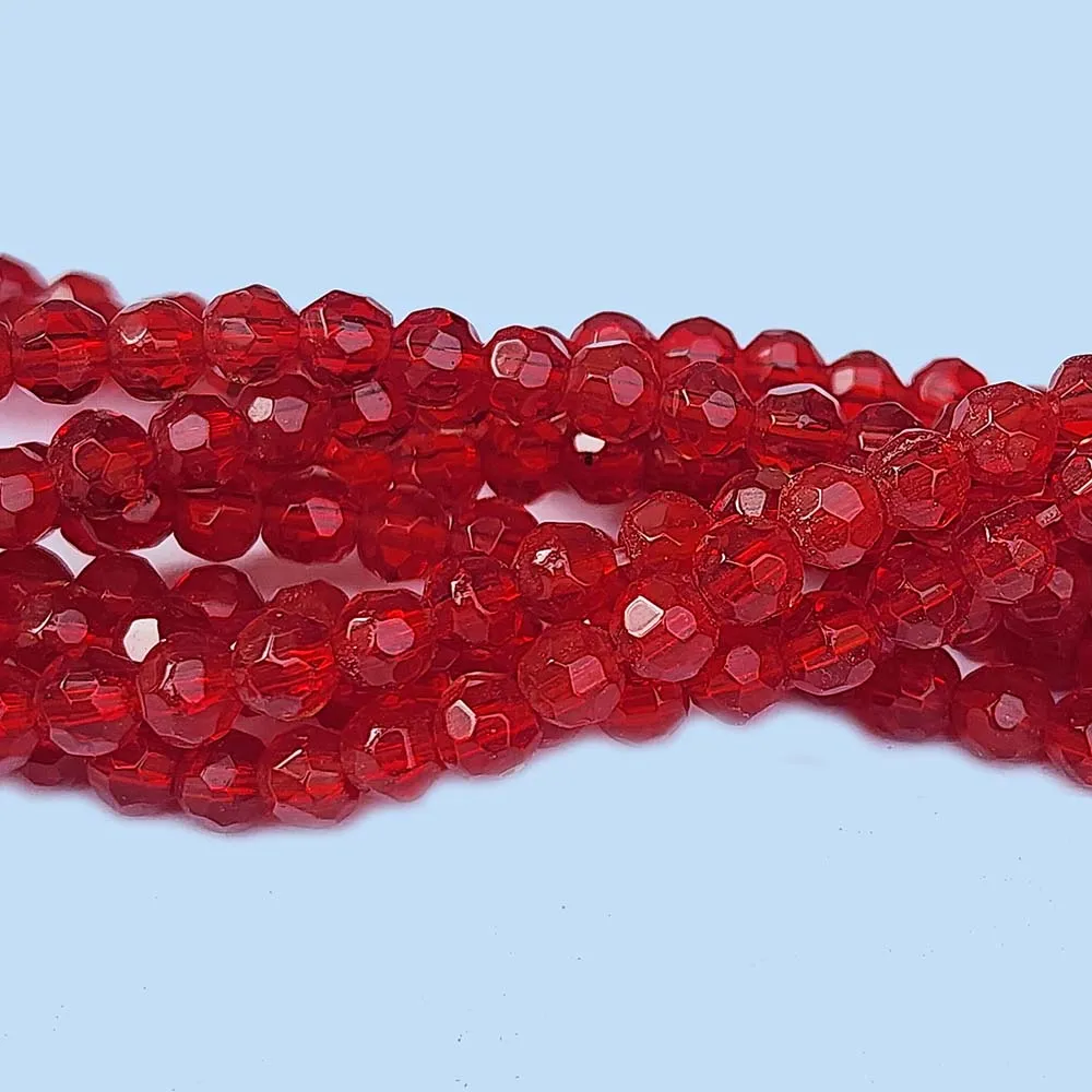 Jewelry Making Crystal Fire polished imported Glass beads Round faceted Shape Red Color Transparent 4mm Size Approximately  85 Beads in a string