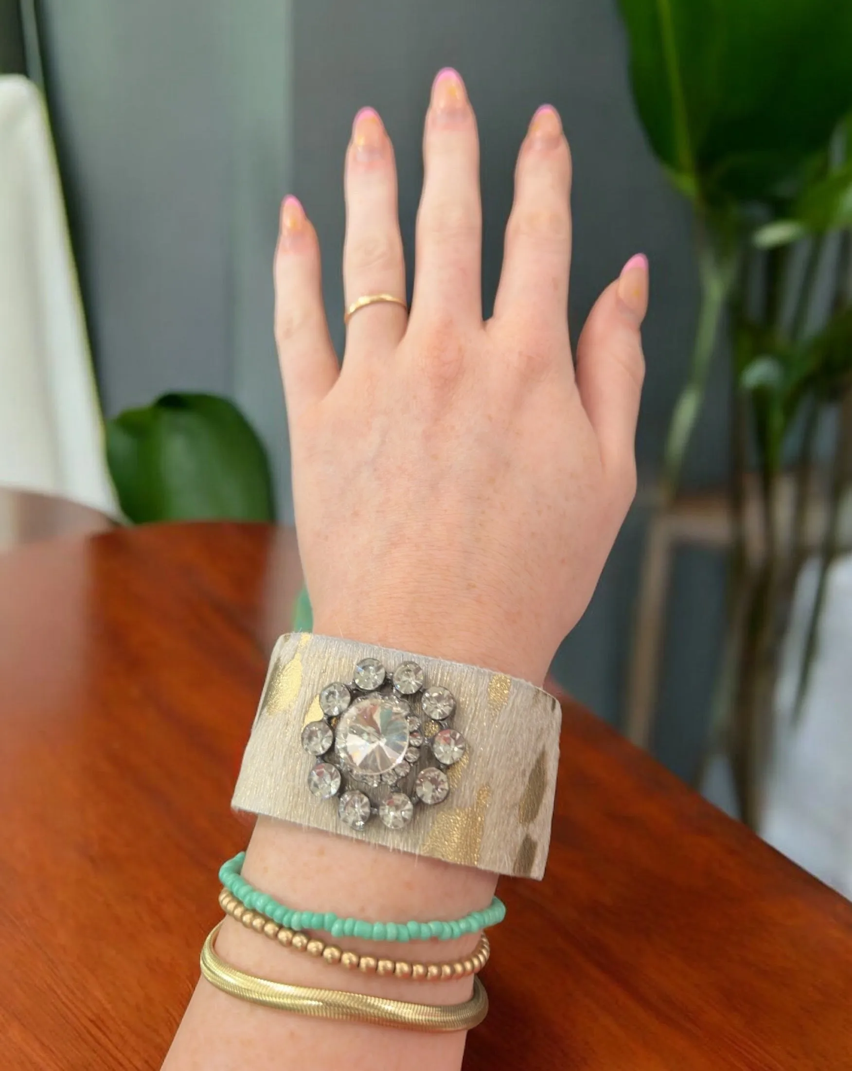 Leather Bracelet with Rhinestone Flower