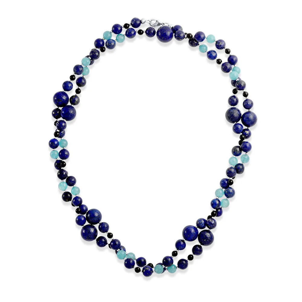 Long Wrap Layered Aqua Quartz & Lapis Onyx Gemstone Strand Necklace 40 Inch