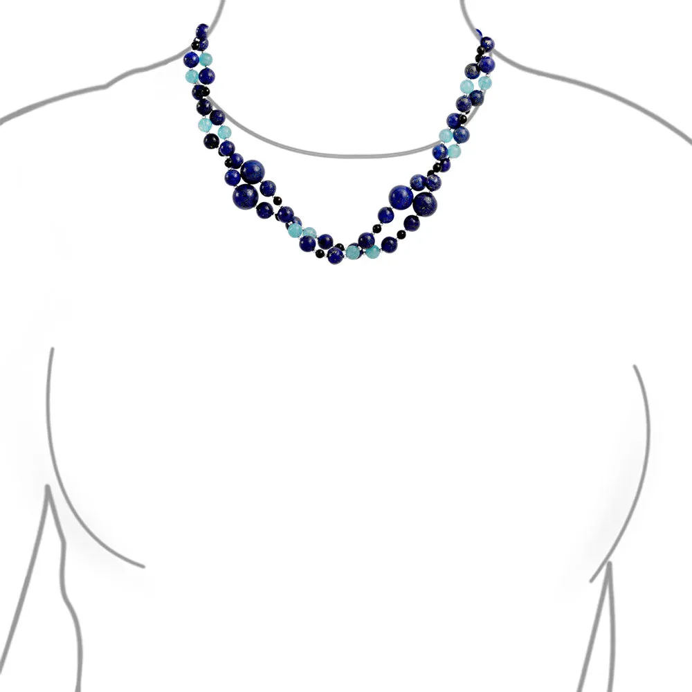 Long Wrap Layered Aqua Quartz & Lapis Onyx Gemstone Strand Necklace 40 Inch