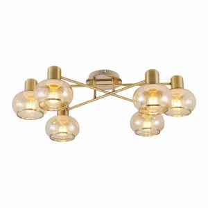 Marbell 6 Light Antique Brass with Amber Glass Retro Classic Close to Ceiling