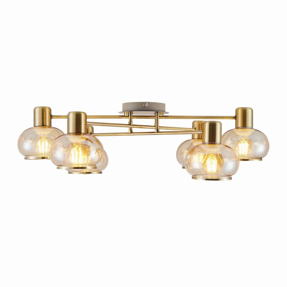 Marbell 6 Light Antique Brass with Amber Glass Retro Classic Close to Ceiling