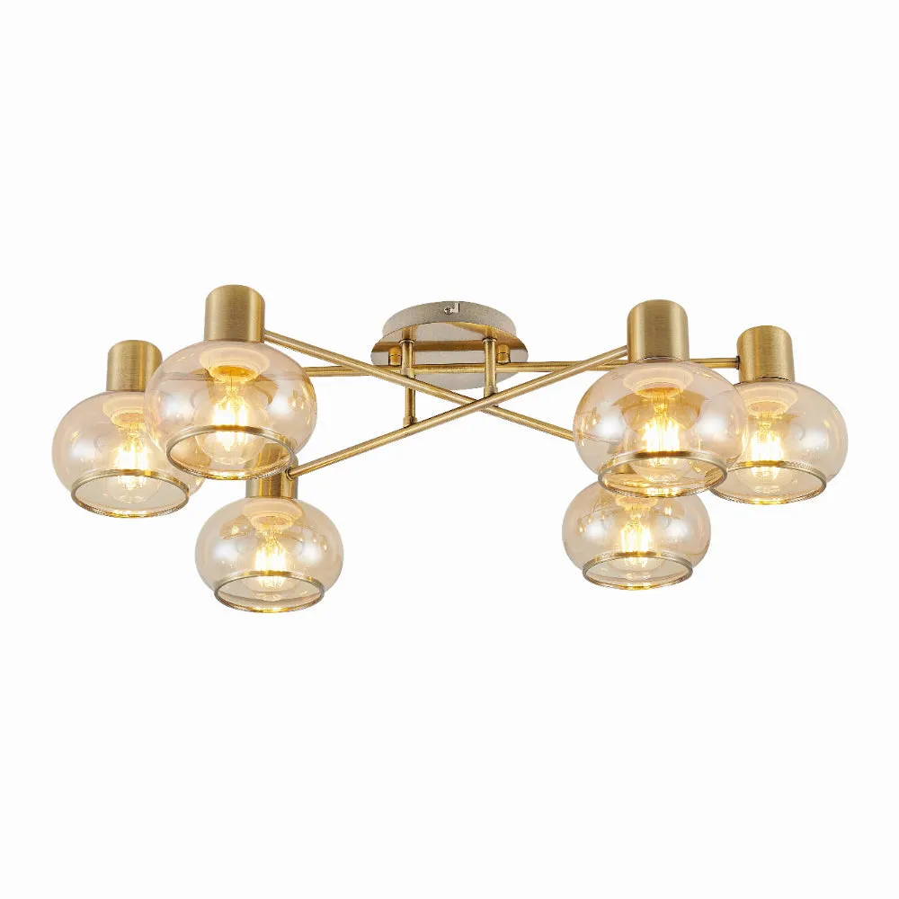 Marbell 6 Light Antique Brass with Amber Glass Retro Classic Close to Ceiling