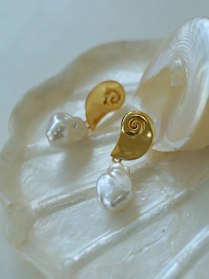 Metal Conch Baroque Pearl Earrings