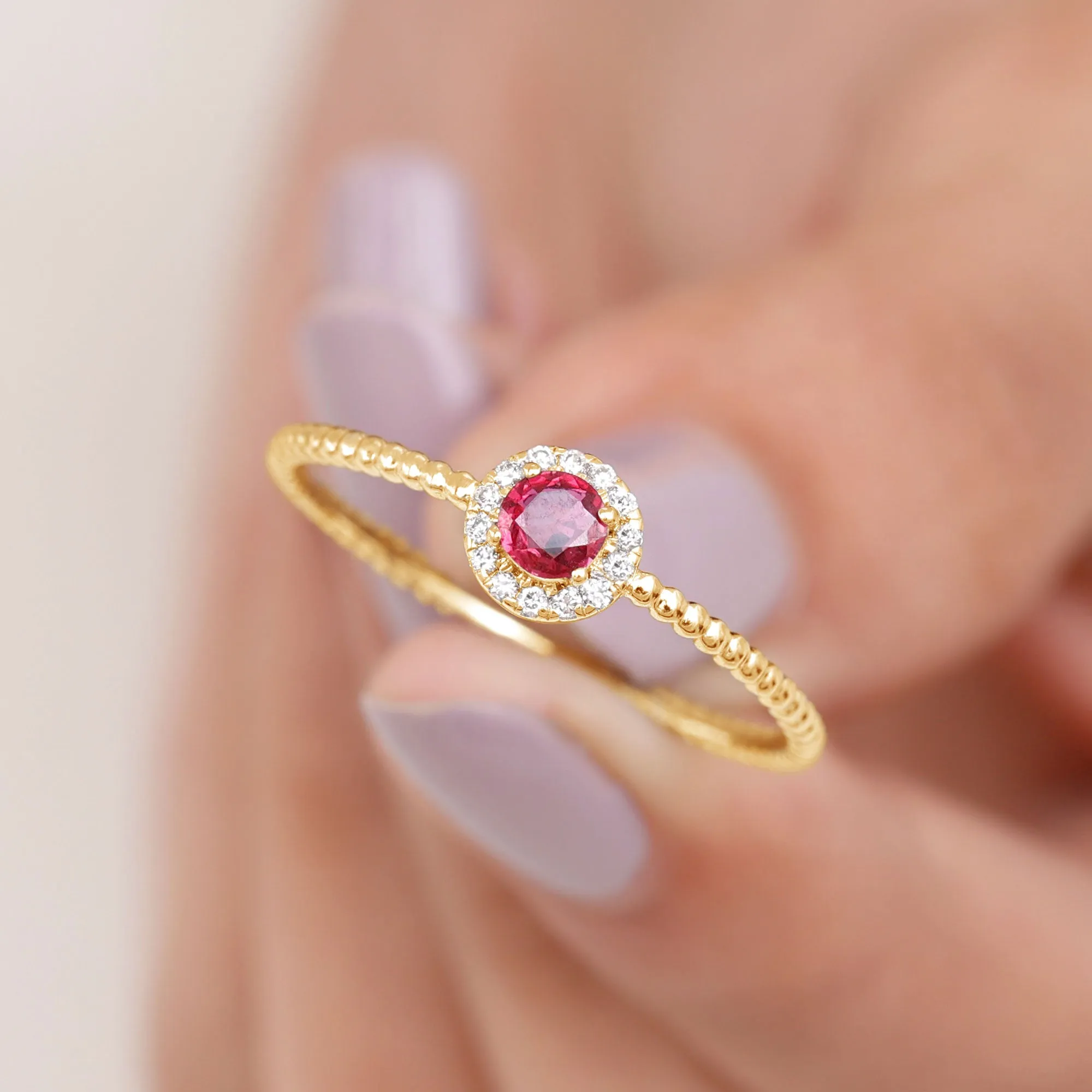 Minimal Ruby Promise Ring with Diamond Halo