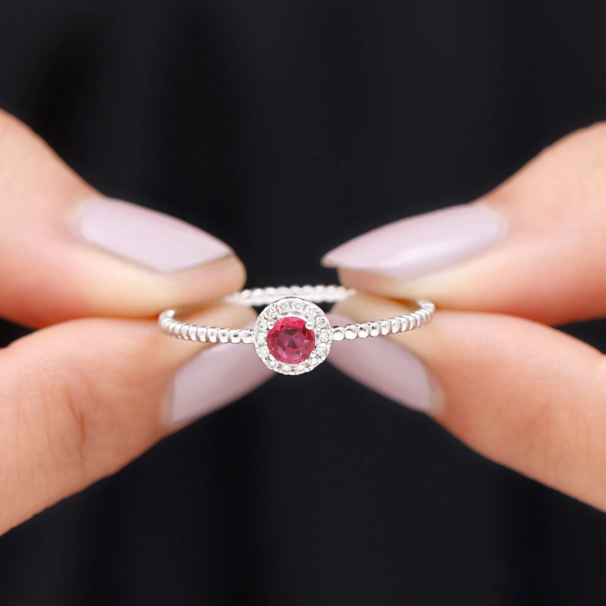 Minimal Ruby Promise Ring with Diamond Halo