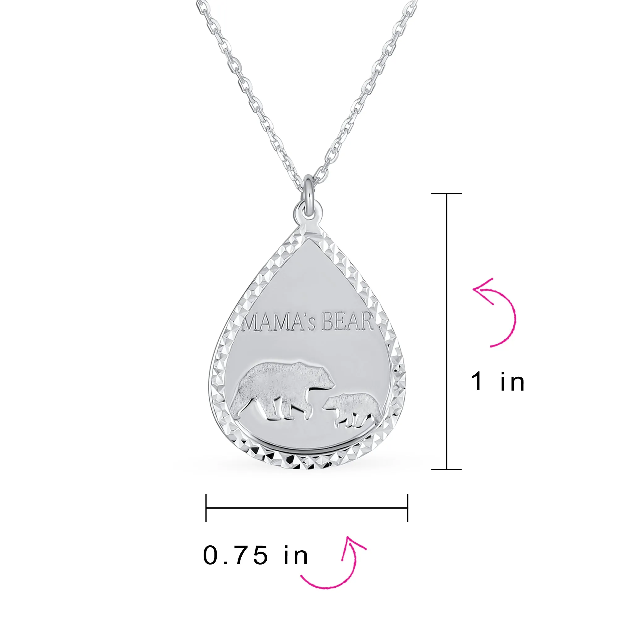 Mother Bear & Cub Pendant Necklace Diamond-Cut Teardrop Sterling Silver 16-18 Inch