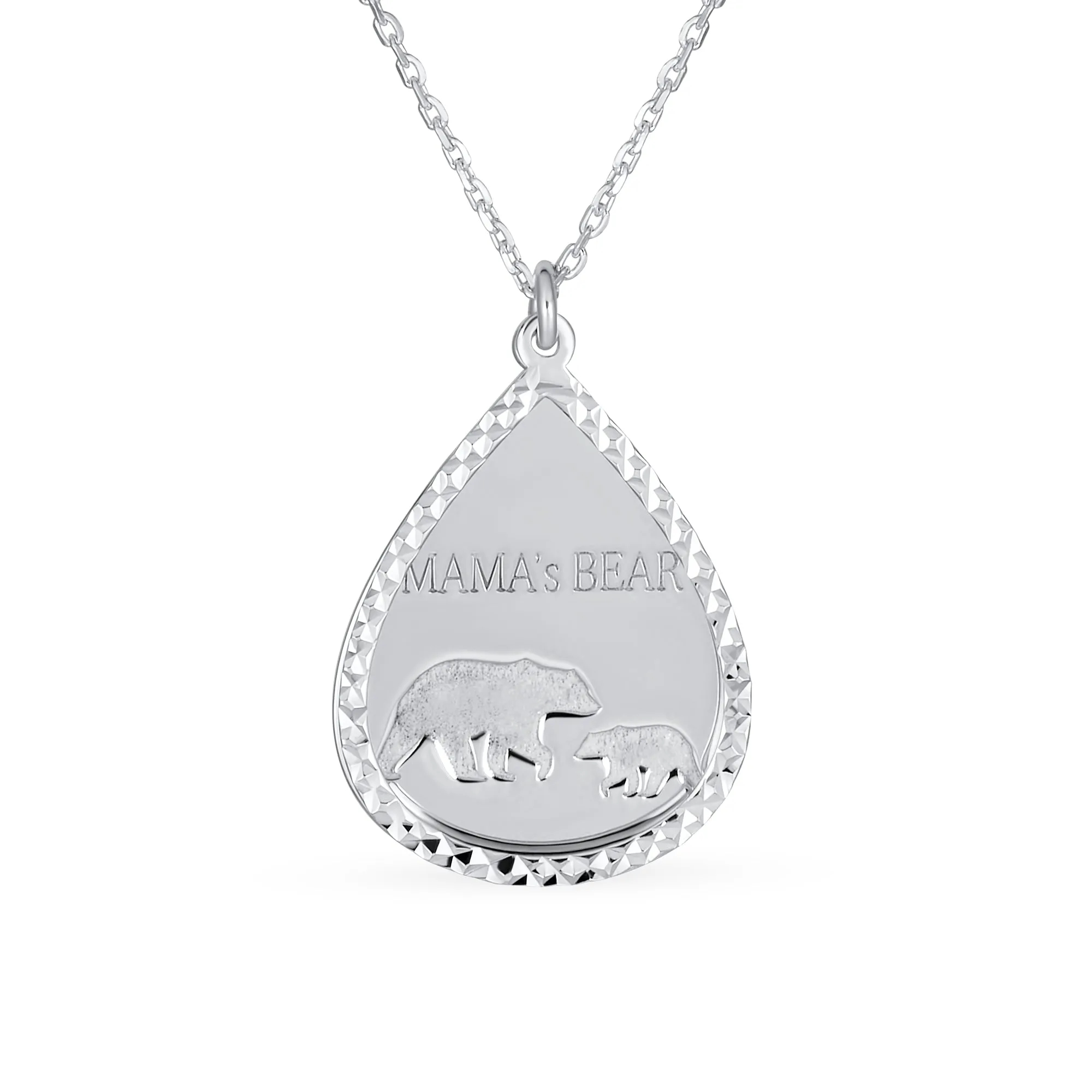 Mother Bear & Cub Pendant Necklace Diamond-Cut Teardrop Sterling Silver 16-18 Inch