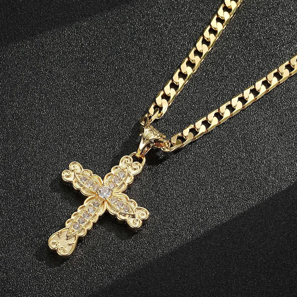 New Luxury Gold-Filled & Gold-Filled Ornate Cross Pendant with Stones