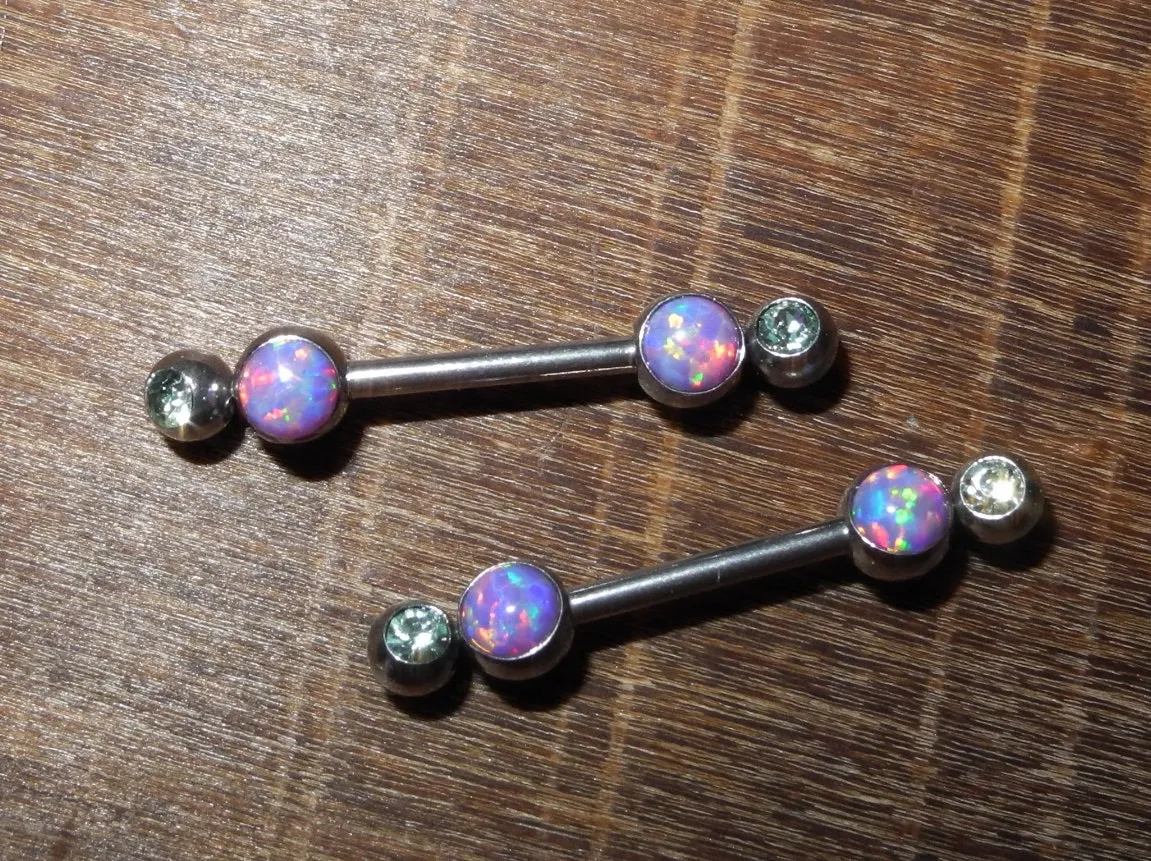 Opal nipple barbell 1.6 -14mm  double jewel and fire opal design, surgical steel