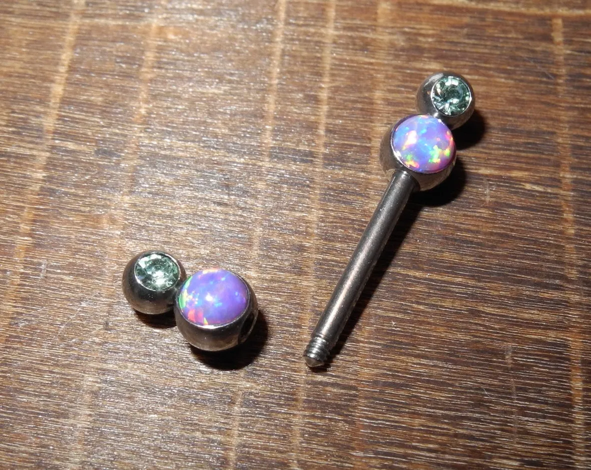 Opal nipple barbell 1.6 -14mm  double jewel and fire opal design, surgical steel