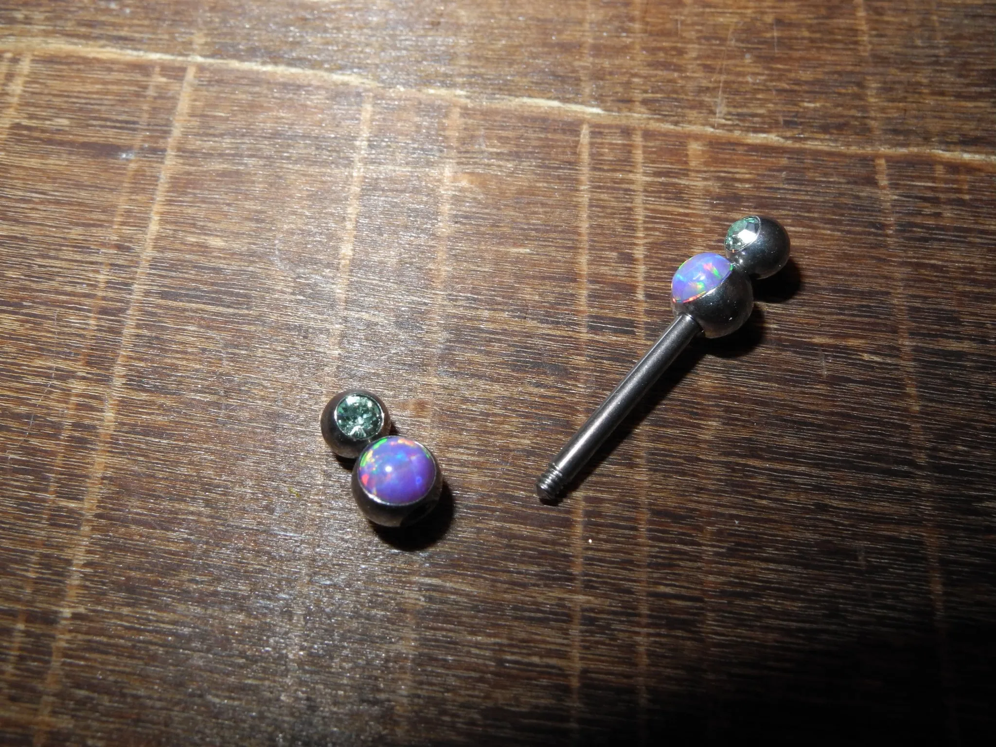 Opal nipple barbell 1.6 -14mm  double jewel and fire opal design, surgical steel