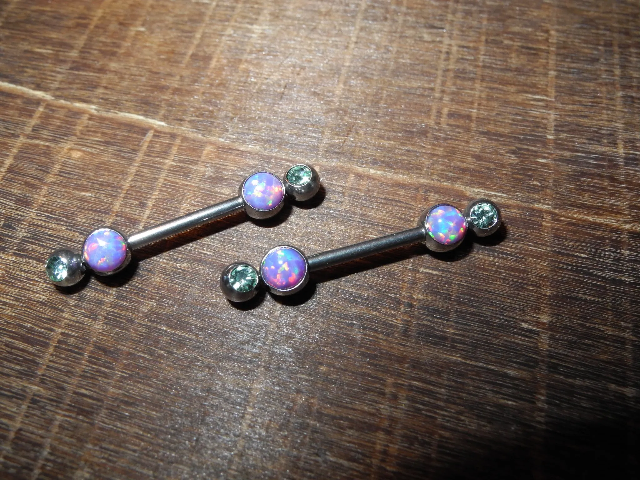 Opal nipple barbell 1.6 -14mm  double jewel and fire opal design, surgical steel