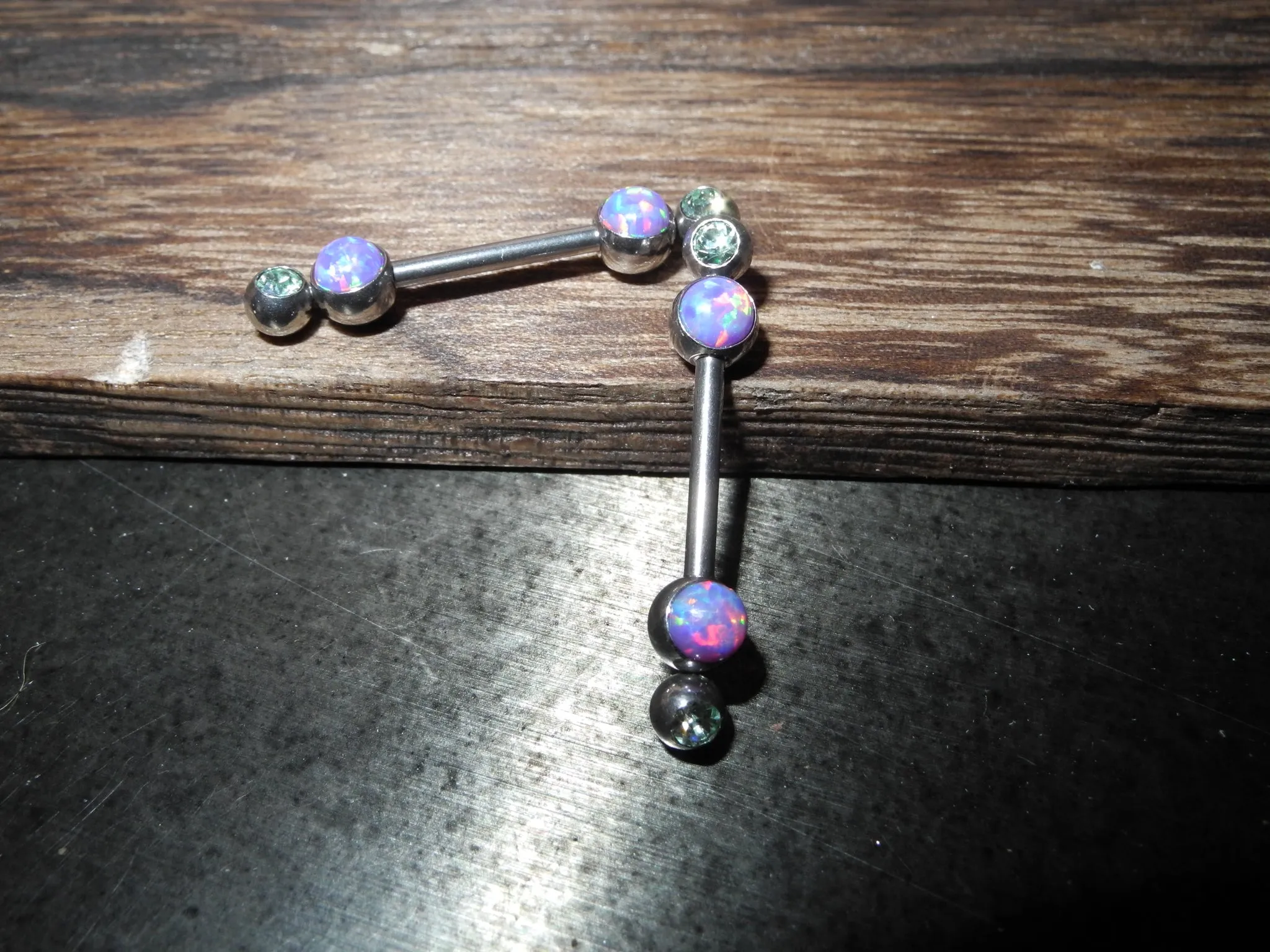 Opal nipple barbell 1.6 -14mm  double jewel and fire opal design, surgical steel