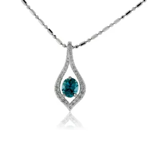 Oval Blue Zircon with Diamond Outline Pendant