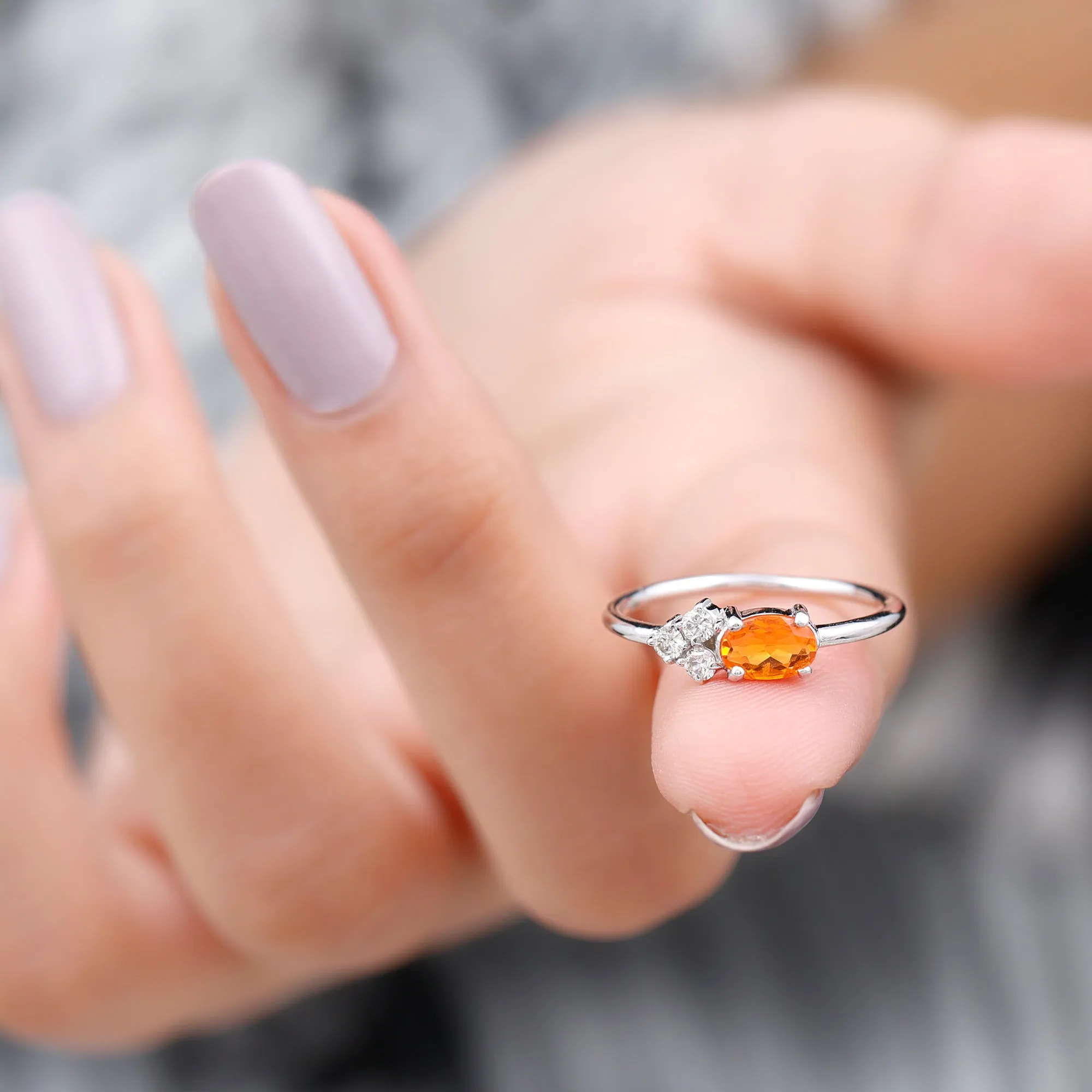 Oval Cut Fire Opal Minimal Ring with Diamond Trio