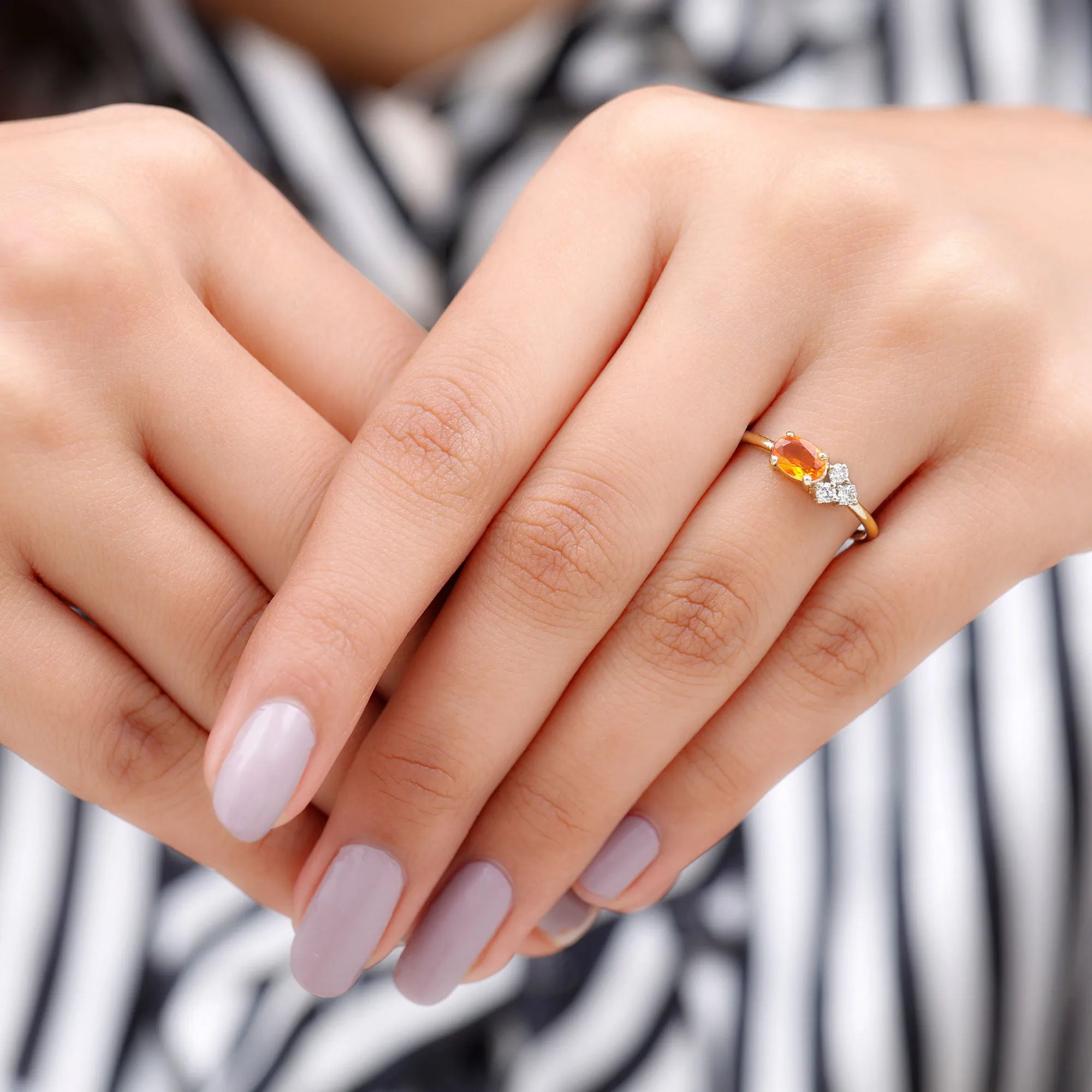 Oval Cut Fire Opal Minimal Ring with Diamond Trio