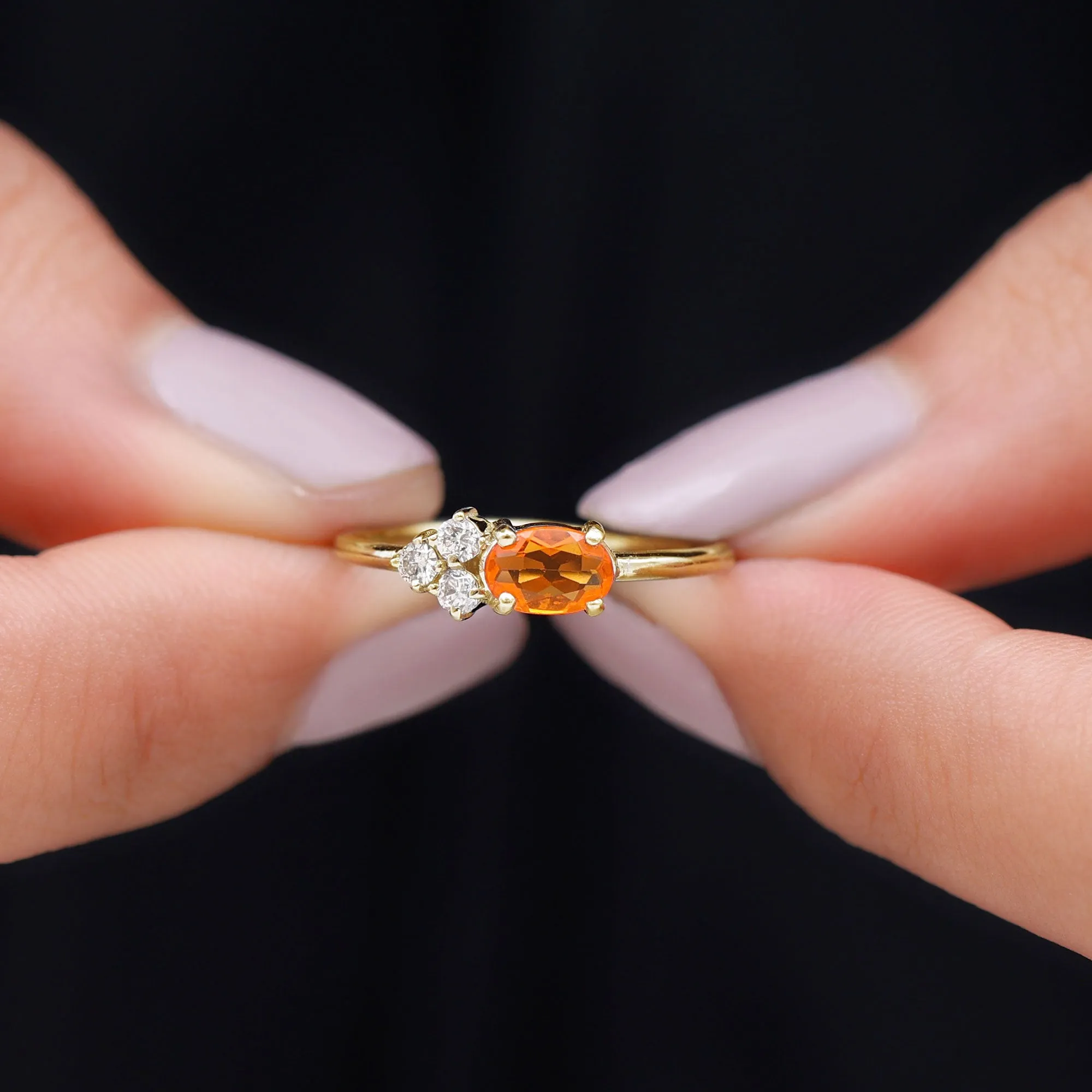 Oval Cut Fire Opal Minimal Ring with Diamond Trio