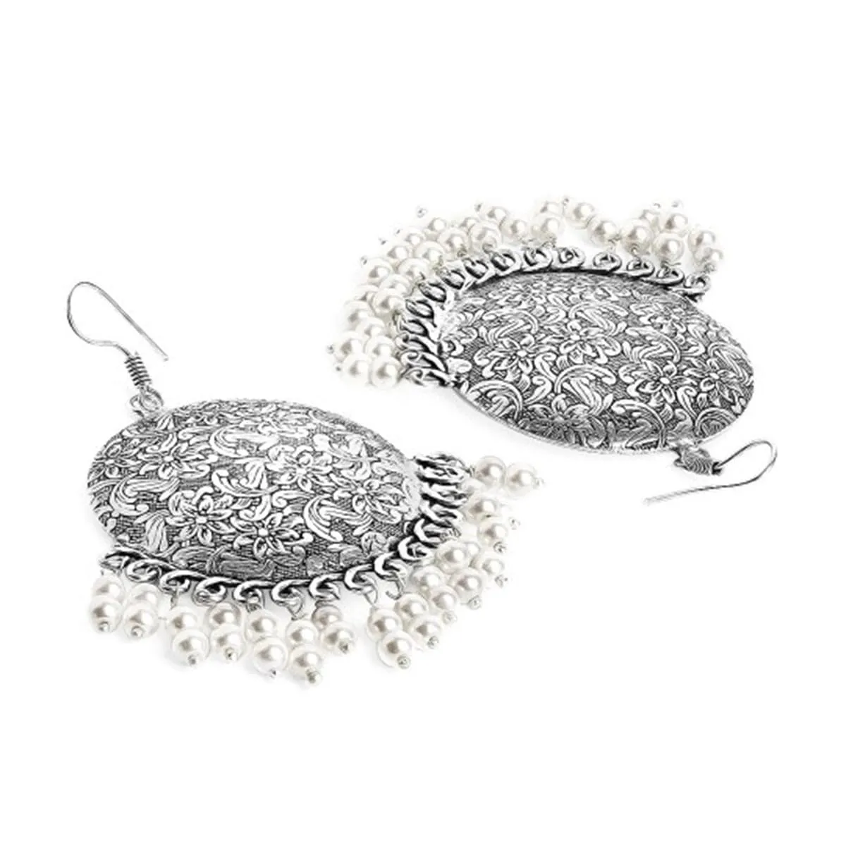 Oxidized Silver-Plated Maang Tikka and Earrings Set with White Beads Detailing