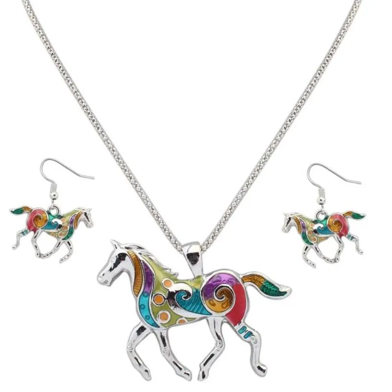 Painted Pony Enamel Horse Necklace and Earrings Set for Women