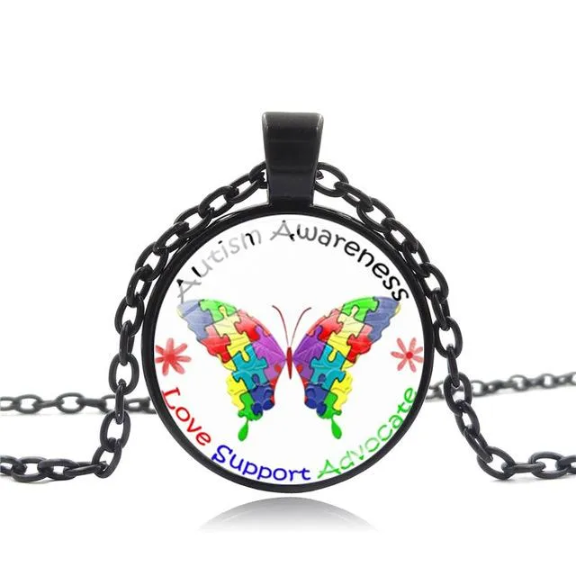 Pakutee Autism Awareness Butterfly Photo Tibet Silver Cabochon Glass Pendant Chain Necklace Women Jewelry Gift