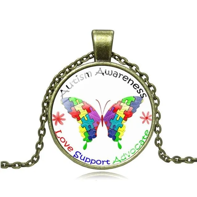 Pakutee Autism Awareness Butterfly Photo Tibet Silver Cabochon Glass Pendant Chain Necklace Women Jewelry Gift