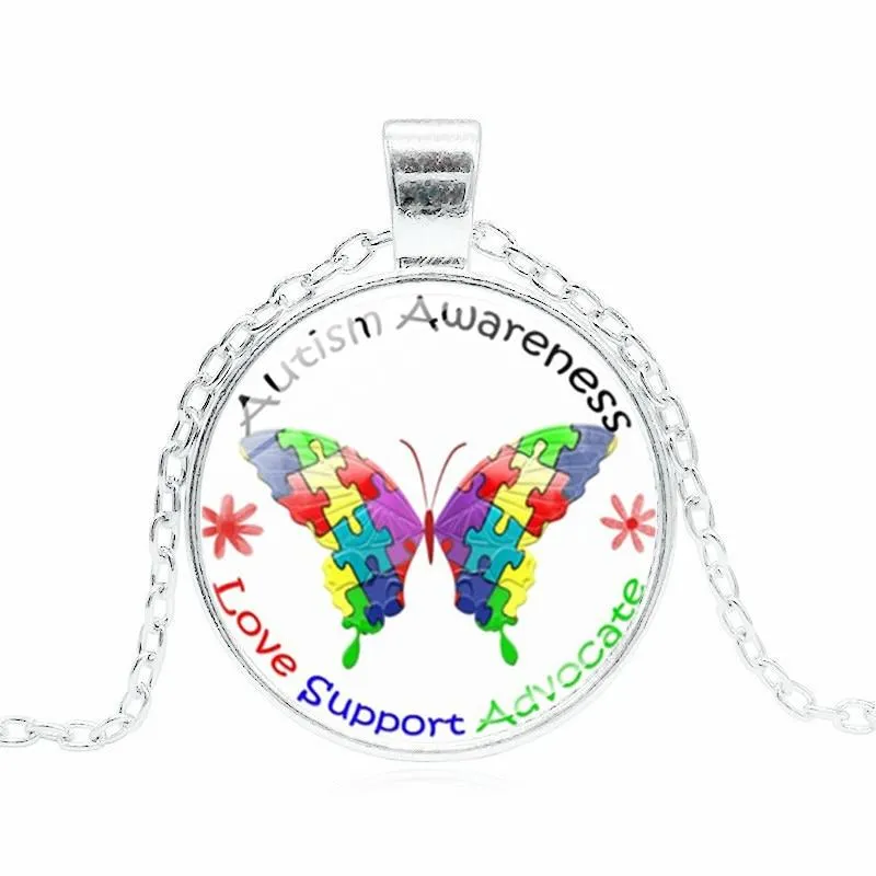 Pakutee Autism Awareness Butterfly Photo Tibet Silver Cabochon Glass Pendant Chain Necklace Women Jewelry Gift