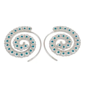 Peacock-Inspired Teal Sterling Silver Half-Hoop Earrings - Uzbekistan's Nimbus | NOVICA