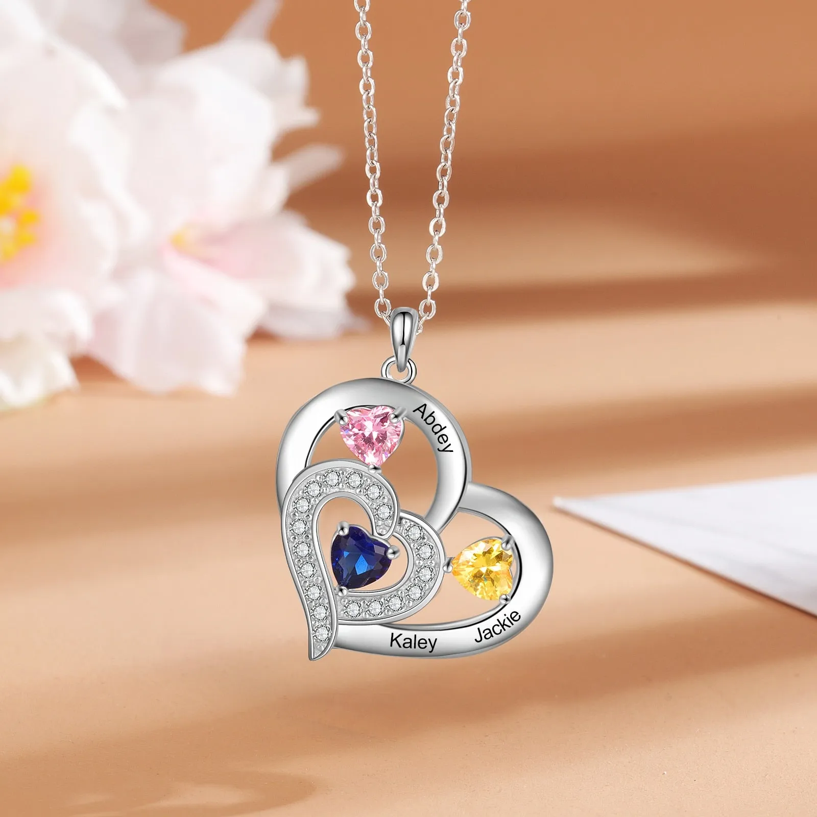 Personalized 1-6 Name Engraving Heart Pendant DIY Birthstone Necklace