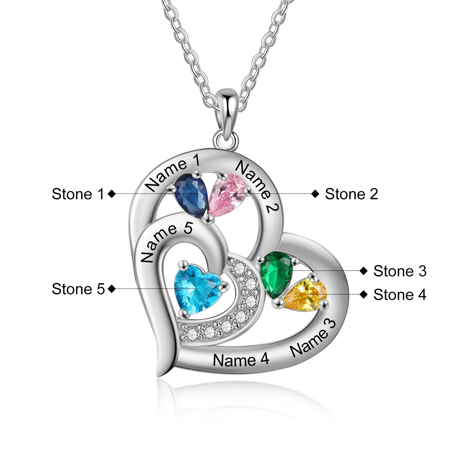 Personalized 1-6 Name Engraving Heart Pendant DIY Birthstone Necklace