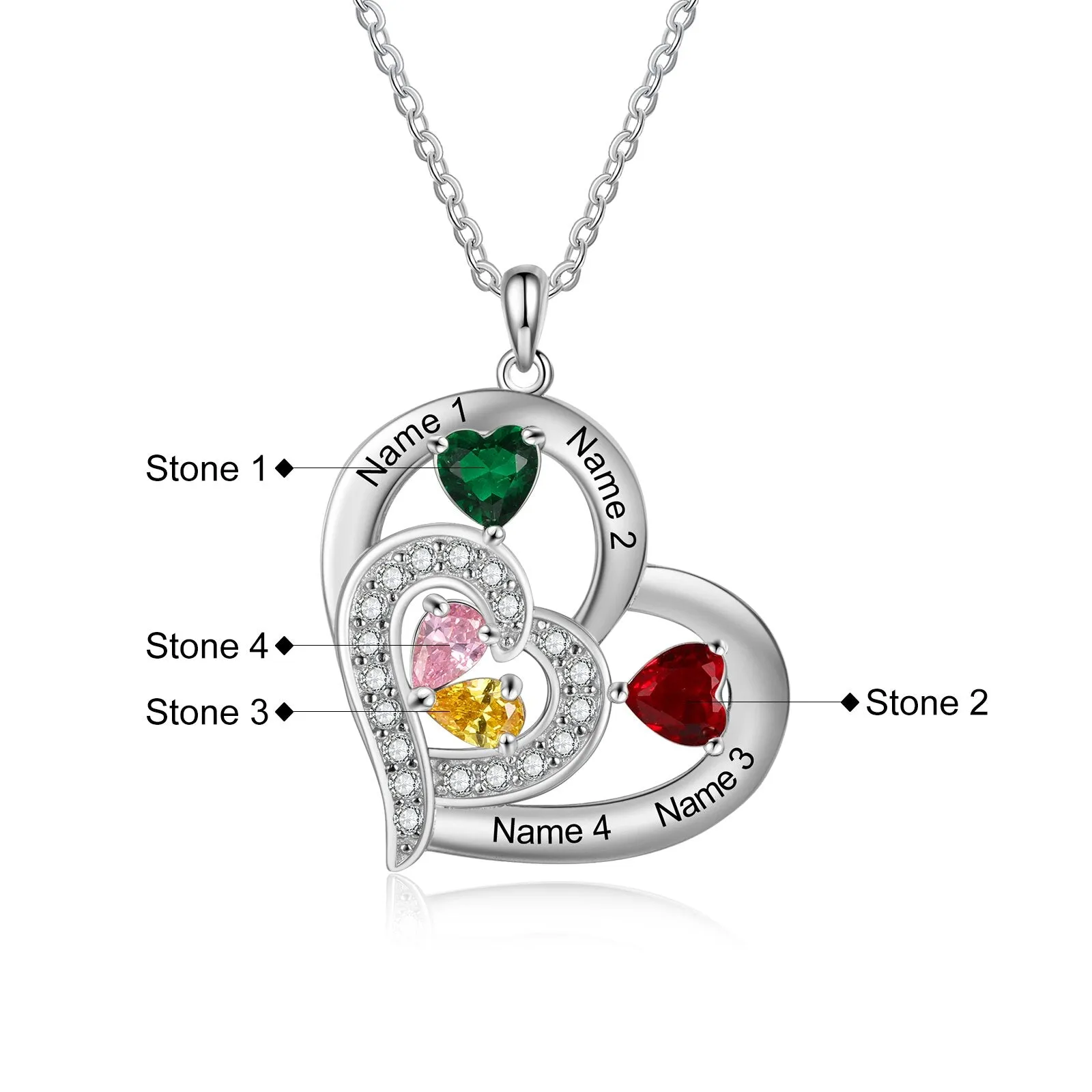 Personalized 1-6 Name Engraving Heart Pendant DIY Birthstone Necklace