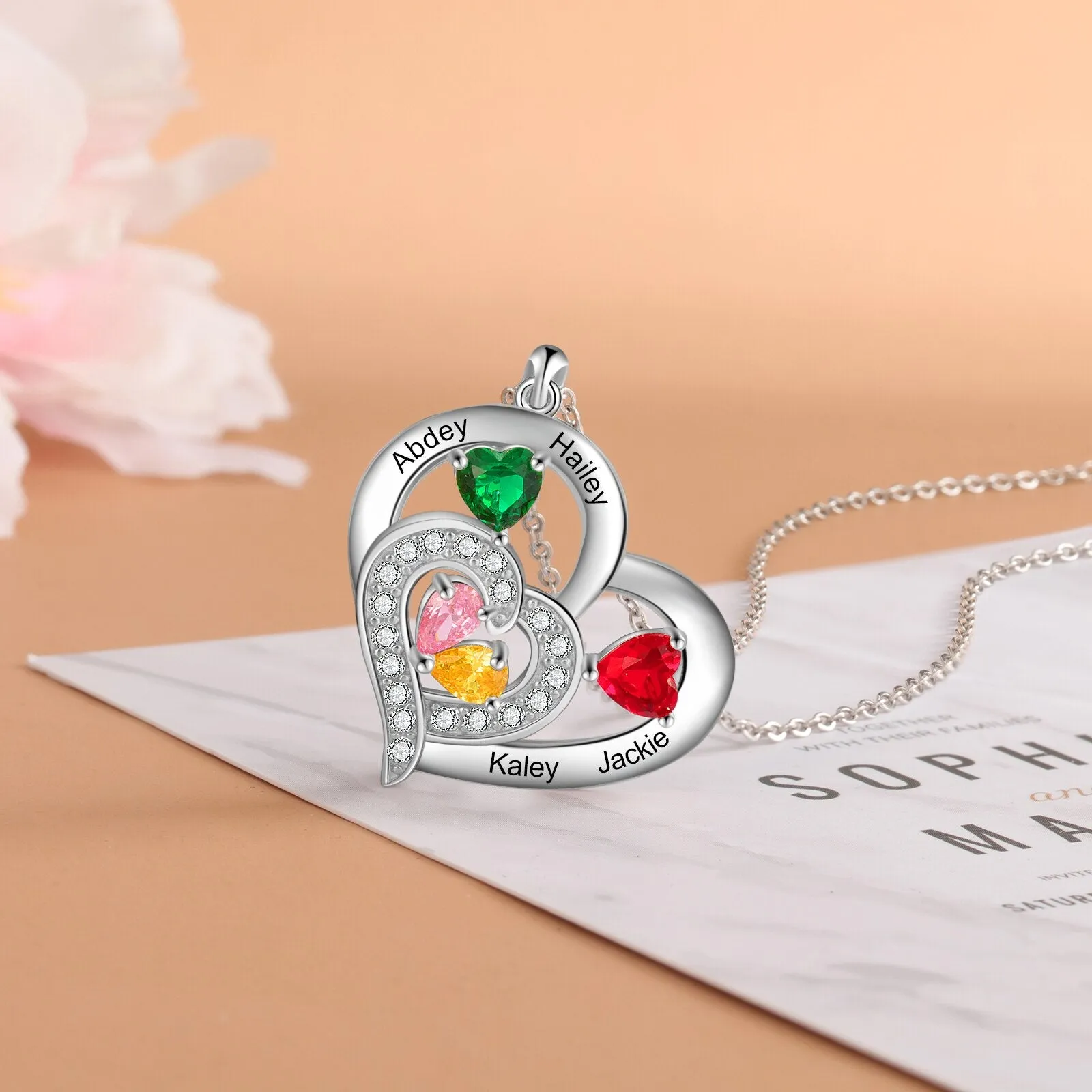 Personalized 1-6 Name Engraving Heart Pendant DIY Birthstone Necklace