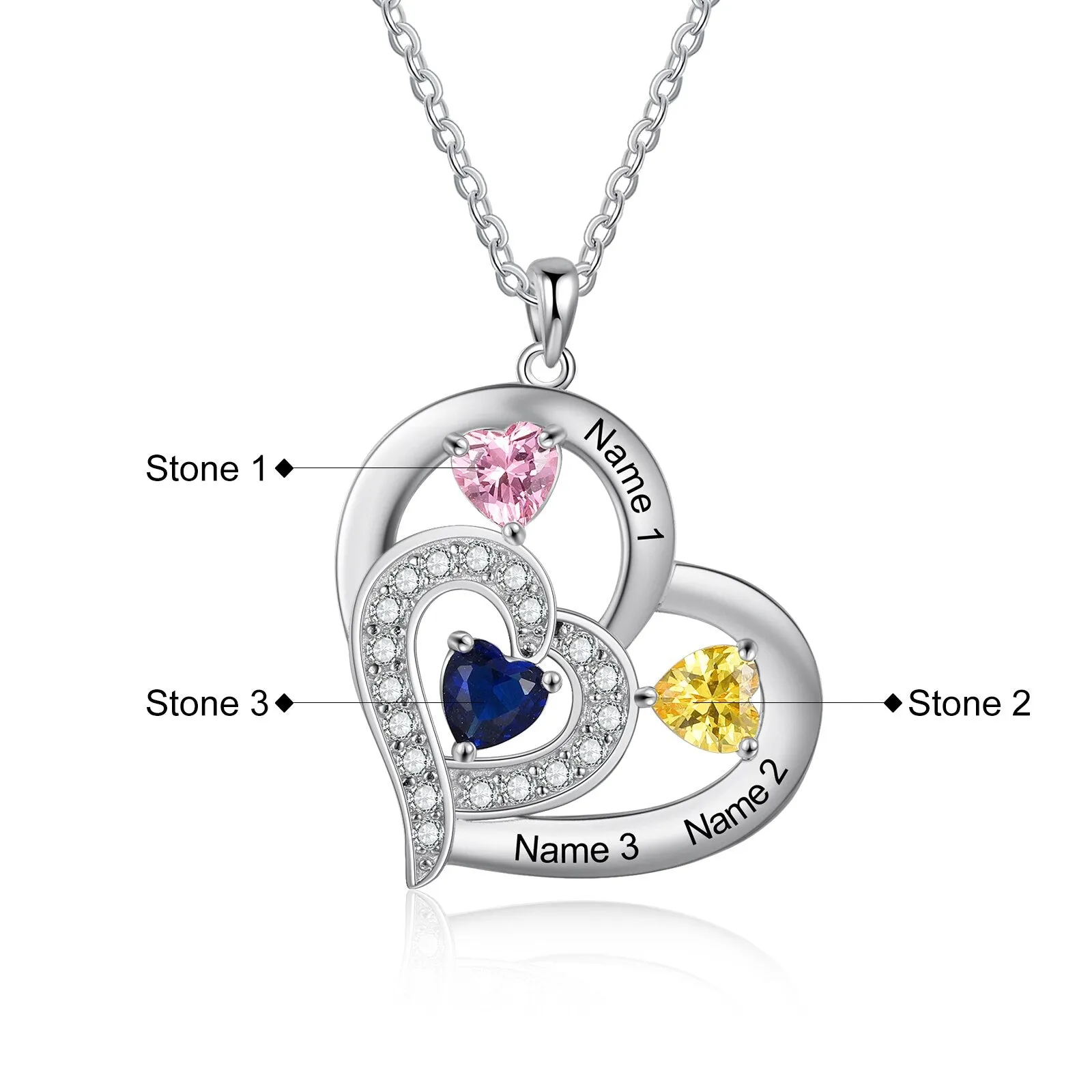 Personalized 1-6 Name Engraving Heart Pendant DIY Birthstone Necklace