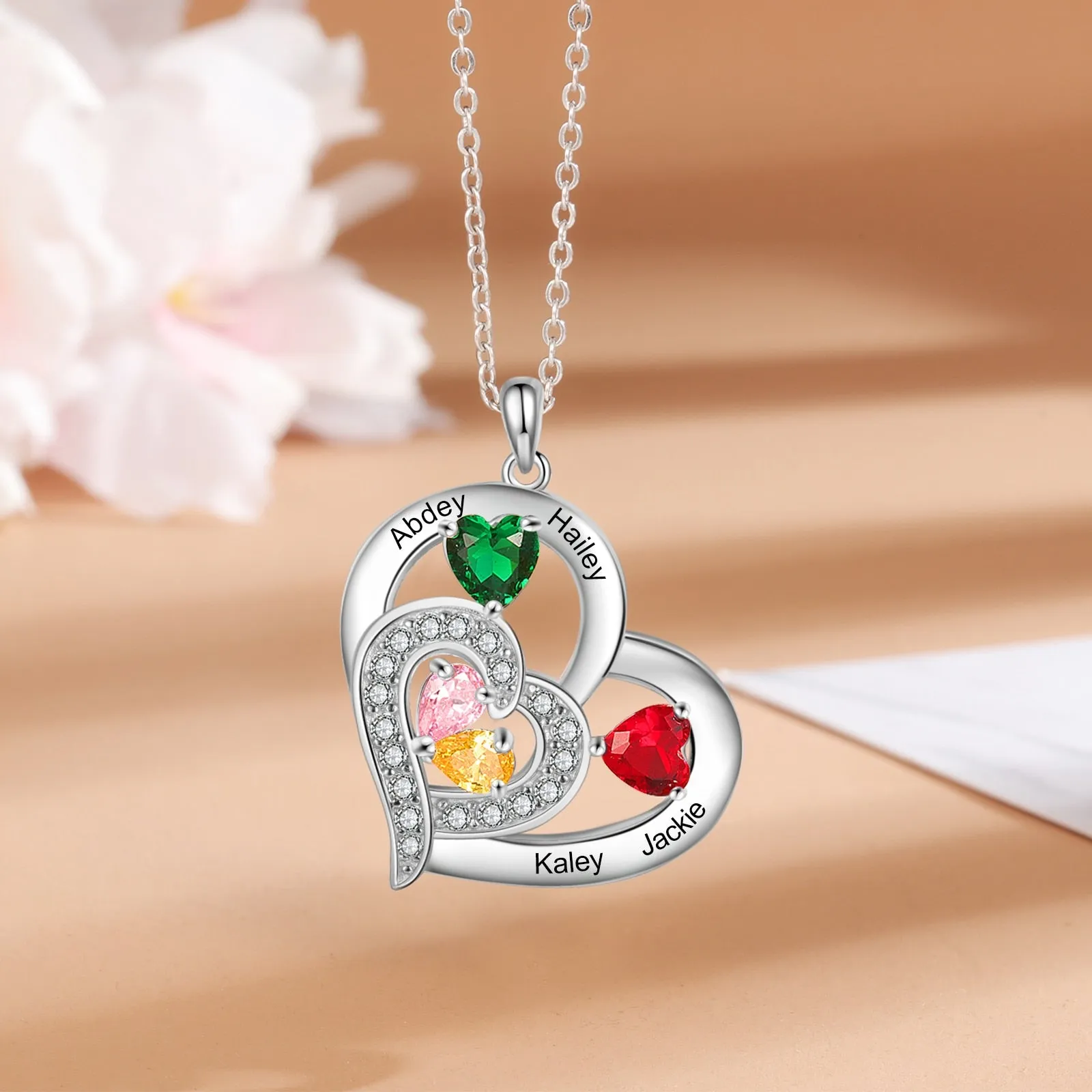 Personalized 1-6 Name Engraving Heart Pendant DIY Birthstone Necklace