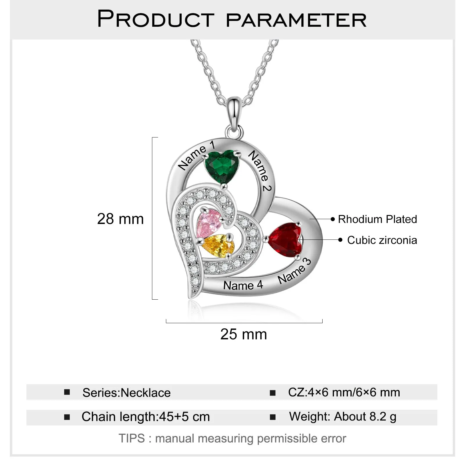 Personalized 1-6 Name Engraving Heart Pendant DIY Birthstone Necklace