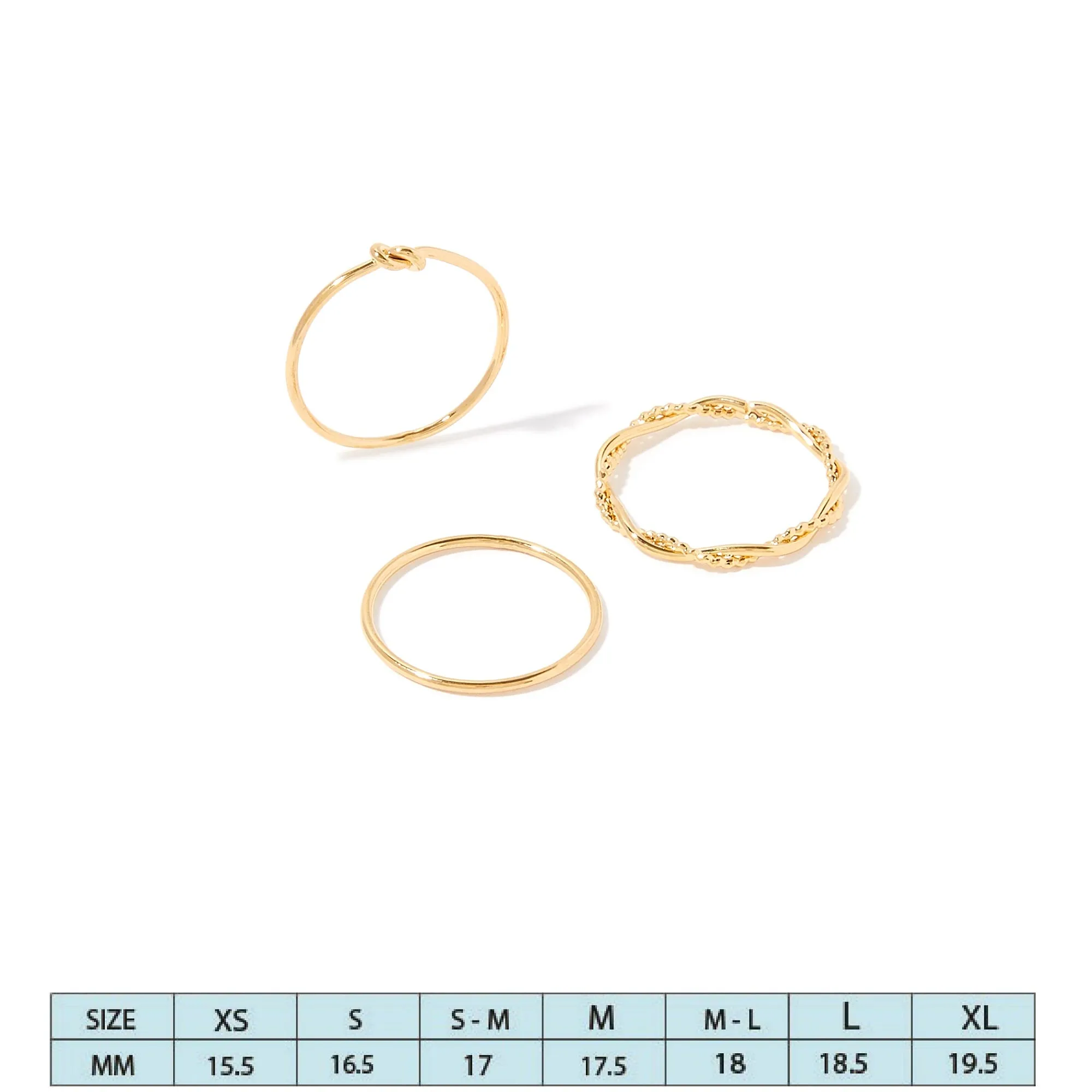 Real Gold Plated Set of 3 Knot And Twist Stacking Rings For Women By Accessorize London