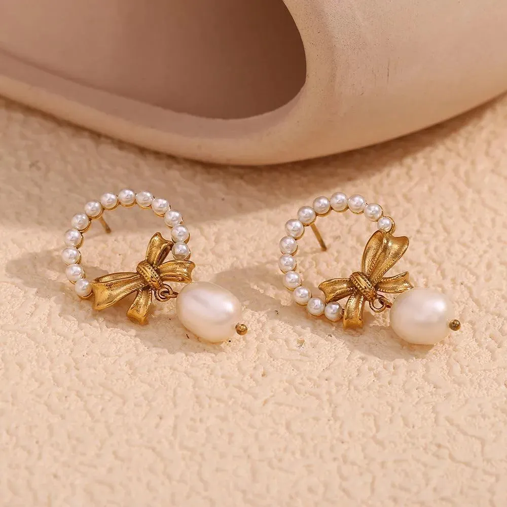 Romantic Bowknot Simulated Pearl Hoop Earrings – Fashion Jewelry