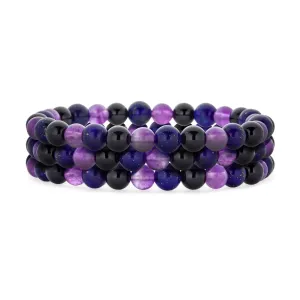 Set of Three Gemstone Stretch Bracelets Amethyst Lapis Tourmaline Beads 6MM