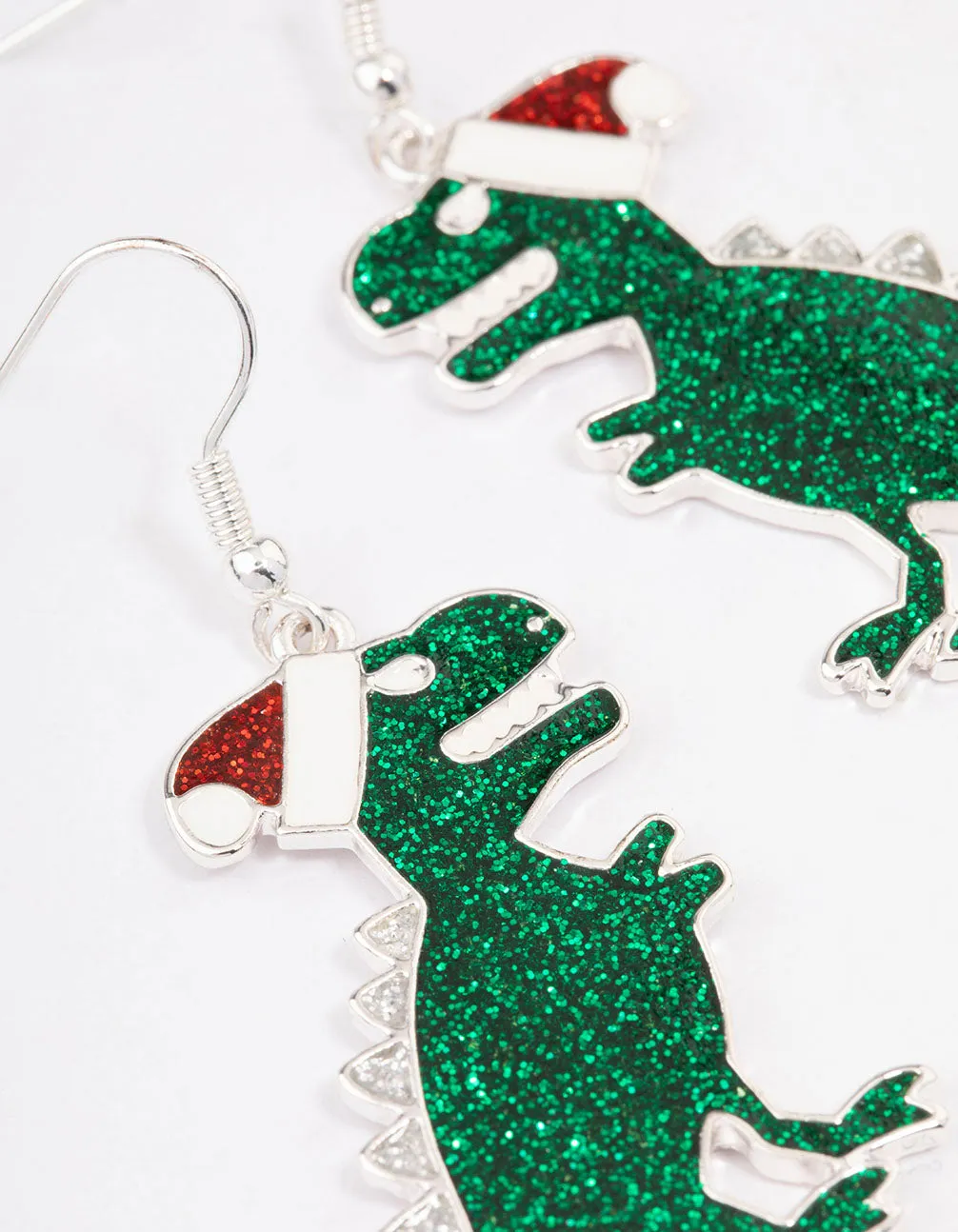 Silver & Green Dinosaur Christmas Drop Earrings