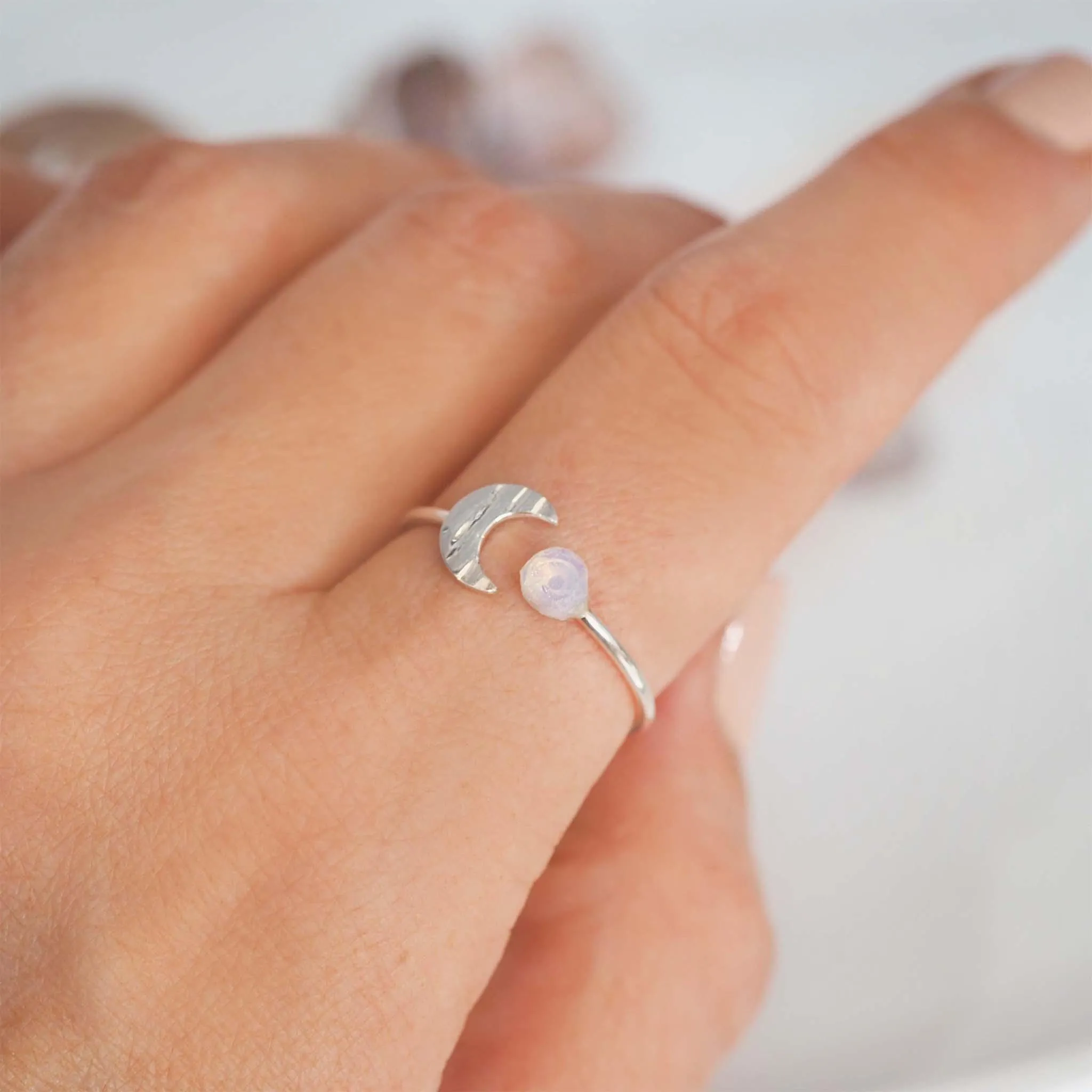 Silver Little Moon and Raw Opal Ring