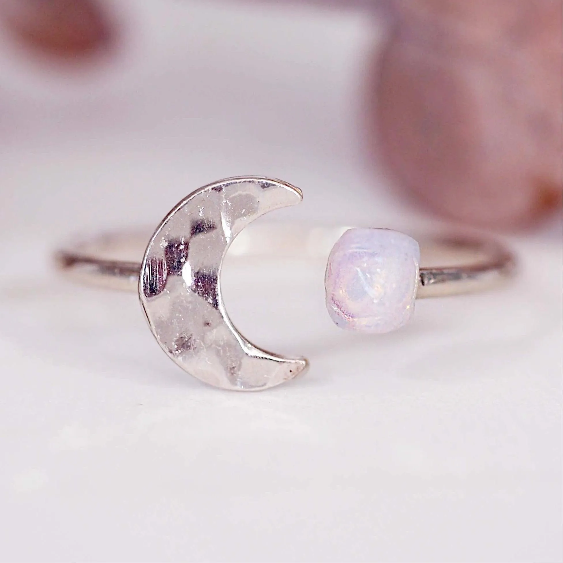 Silver Little Moon and Raw Opal Ring