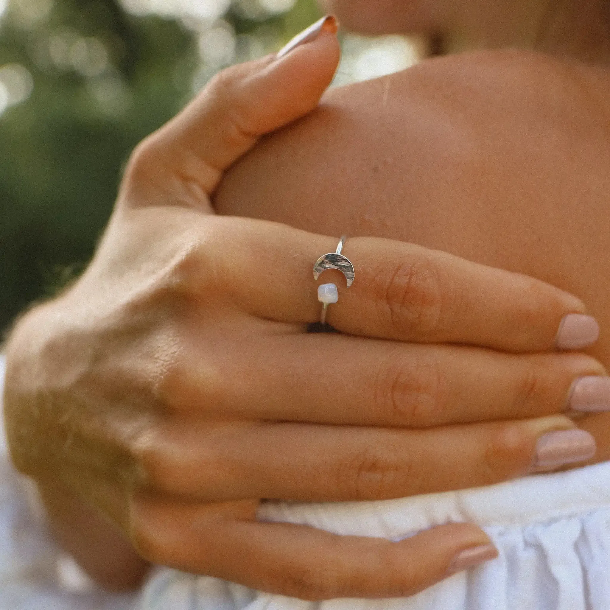 Silver Little Moon and Raw Opal Ring