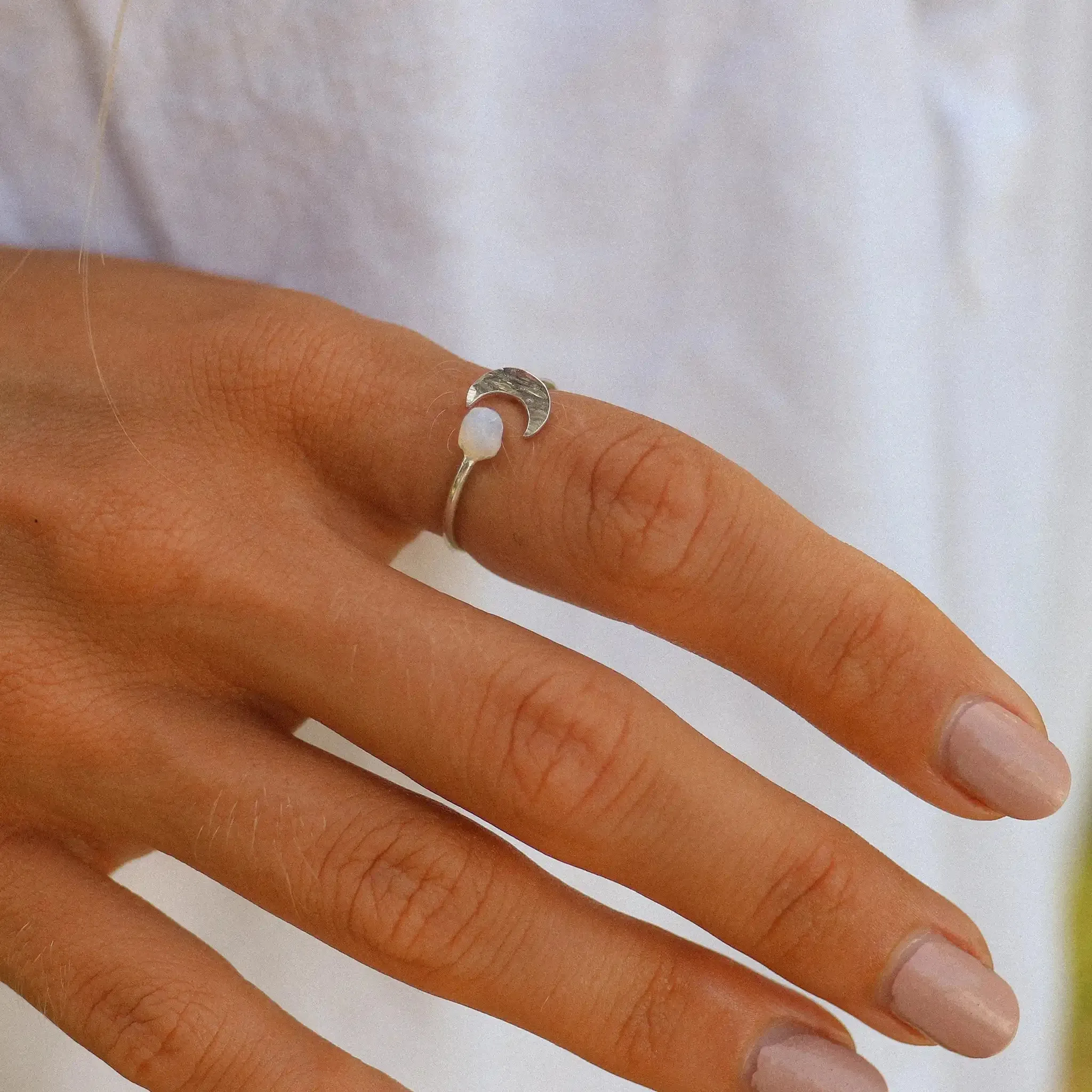 Silver Little Moon and Raw Opal Ring