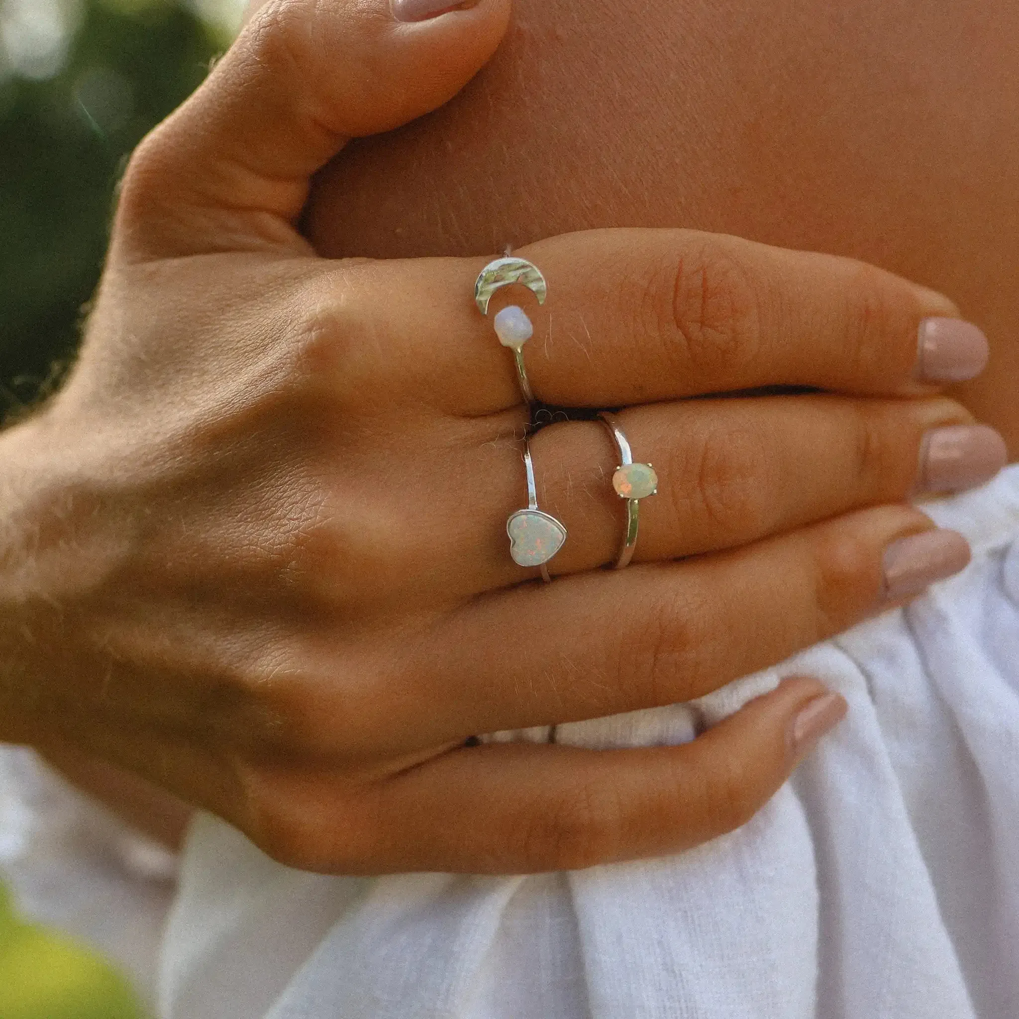 Silver Little Moon and Raw Opal Ring