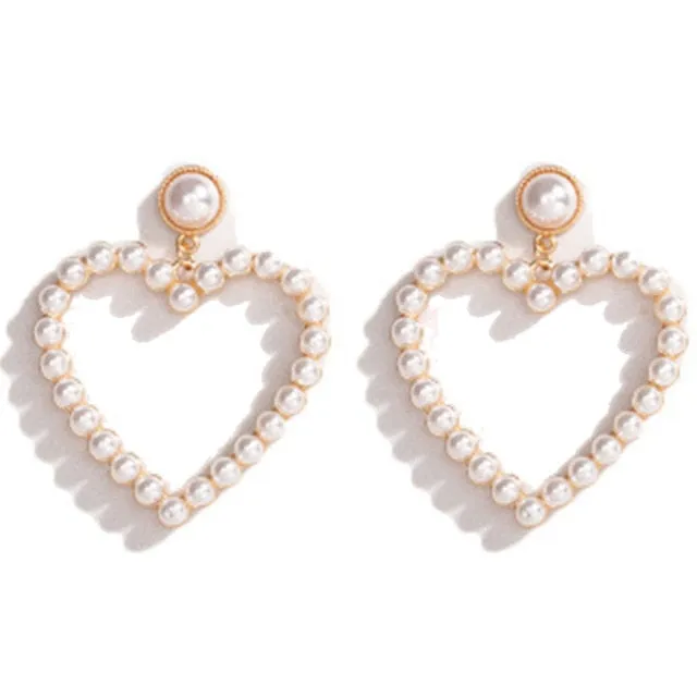 Statement Jewelry Big Heart Pearl Drop Earrings with Zircon in Gold Color